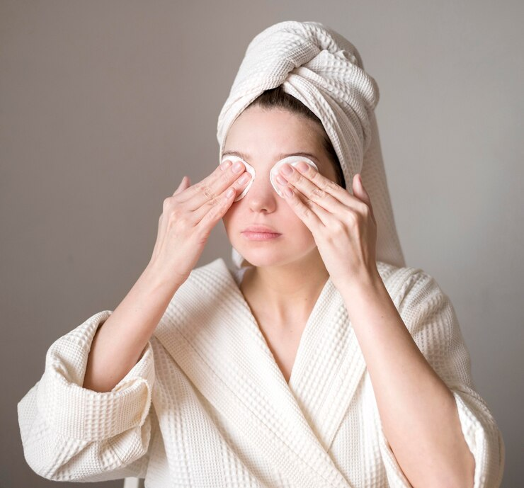 Mulher usando algodões nos olhos como parte de cuidados para celulite ocular.
