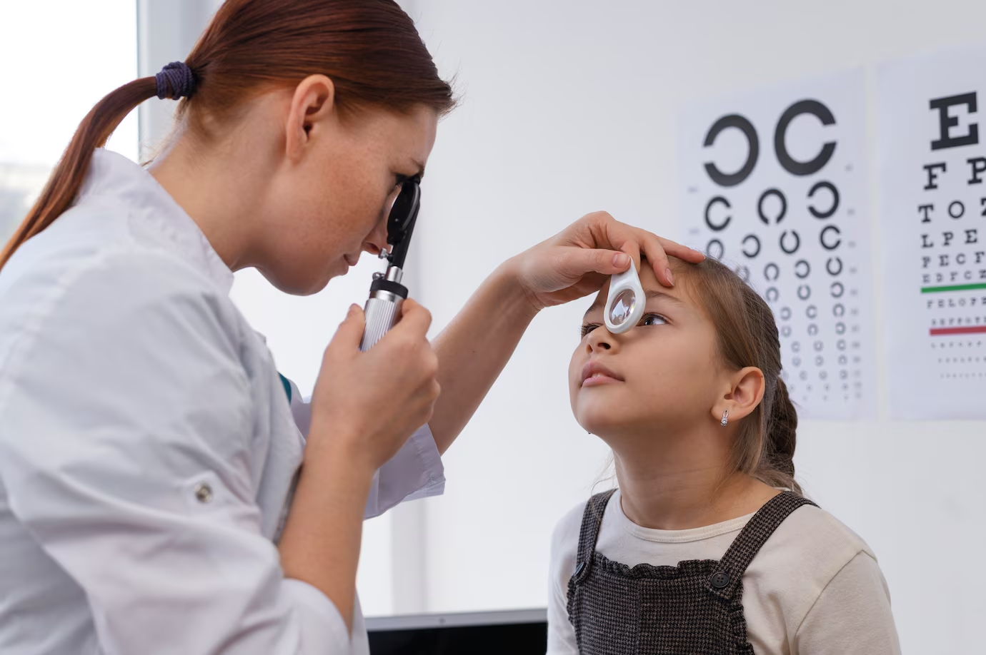 Exame oftalmológico em menina com astigmatismo em crianças.