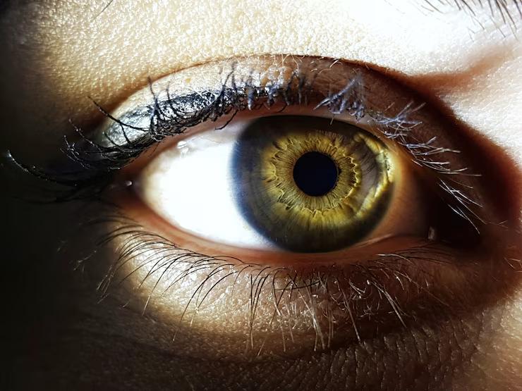 Close-up de um olho iluminado, destacando detalhes que podem indicar celulite ocular.