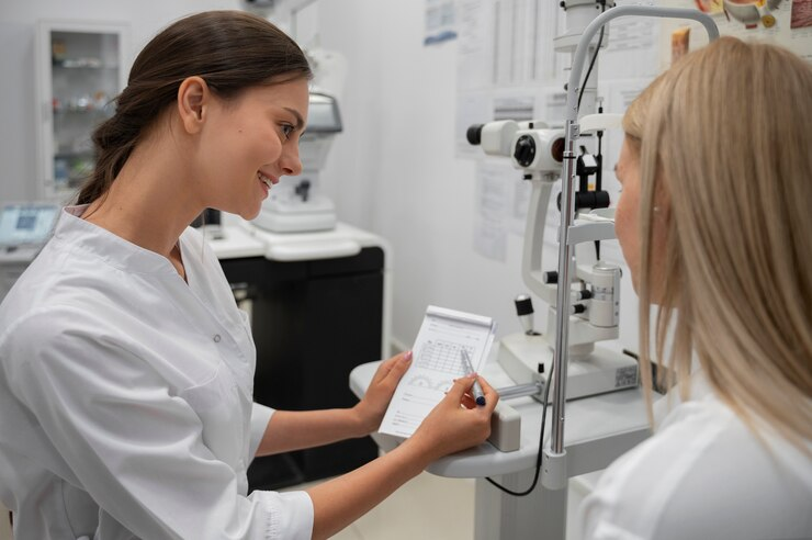 Médica conversando com paciente em consultório oftalmológico diplopia.