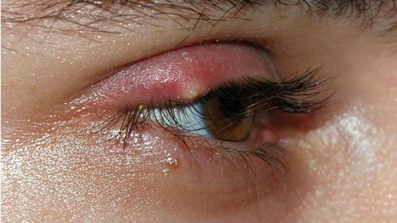 Close-up de calázio nos olhos com vermelhidão evidente.