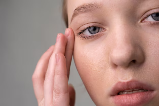 Mulher tocando delicadamente a região dos olhos, sugerindo preocupação com celulite ocular.
