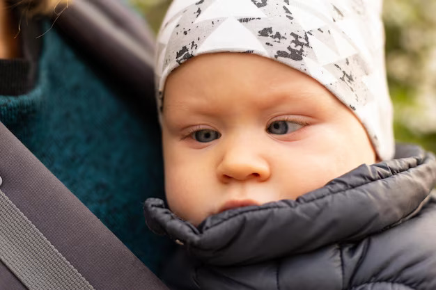 Bebê olhando para frente com um dos olhos desviado.