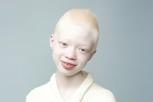 Jovem com albinismo sorrindo levemente para a câmera.