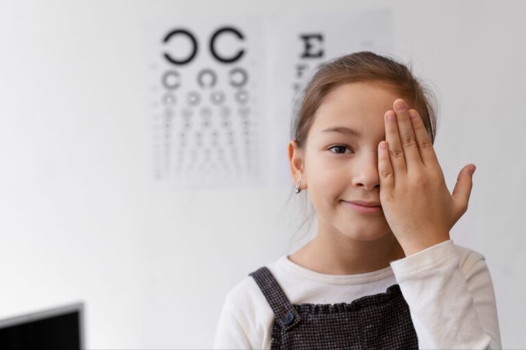Menina sorrindo enquanto cobre um olho durante um teste de visão.