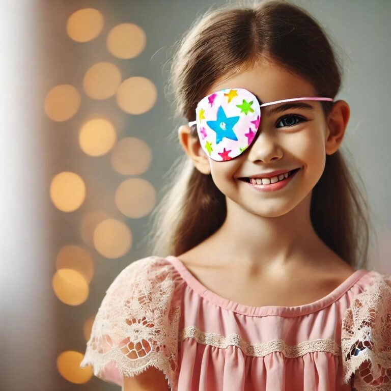 Menina feliz com um tapa-olho colorido decorado com estrelas.