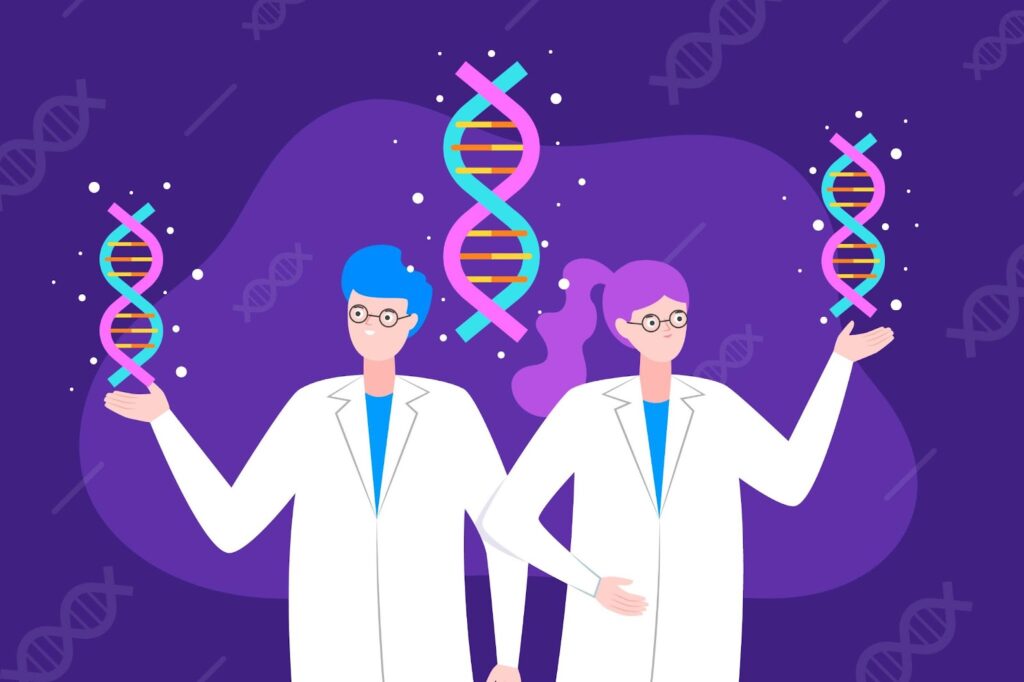 Ilustração de dois cientistas segurando representações de DNA.