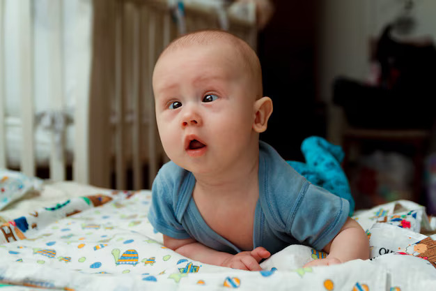 Bebê de bruços com olhos desalinhados observando algo acima.